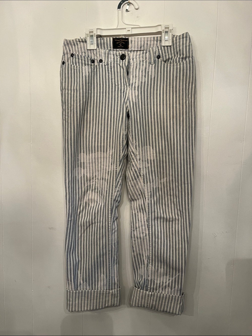 Vivian Westwood Striped Cuffed Trousers in Blue and White Size 26